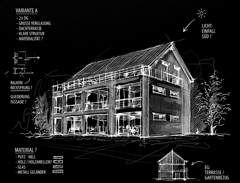 Architektonische Handskizze des Entwurfs